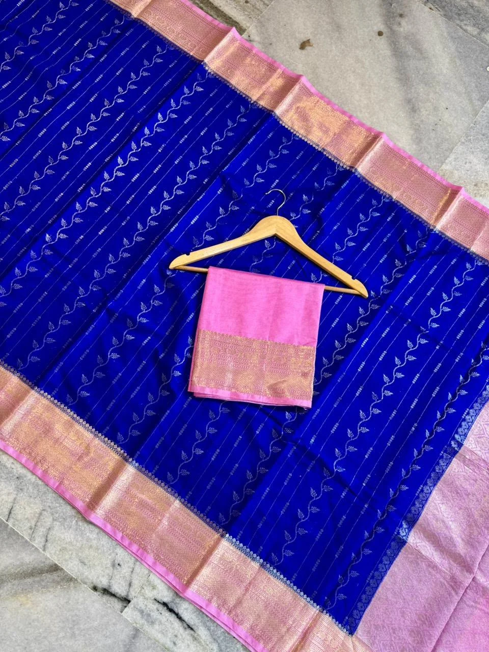 Royal Blue with Baby Pink Border Banarasi Soft Silk Saree